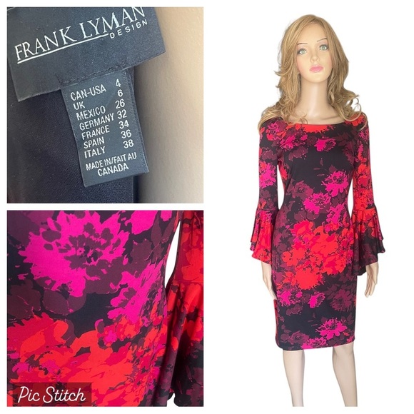 Frank Lyman Design Dresses & Skirts - FRANK LYMAN design red/black Floral Bell-Sleeve
Sheath Dress dress‎ size 4